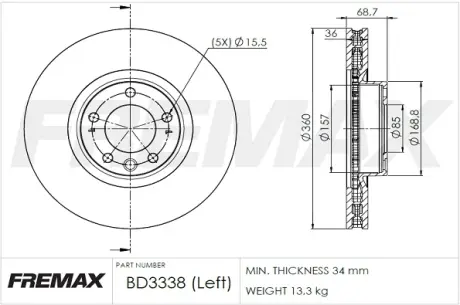 Диск тормозной передний левый Fremax BD-3338 FREMAX BD3338