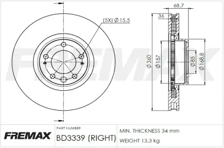 Диск тормозной передний правый Fremax BD-3339 FREMAX BD3339