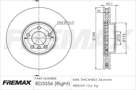 Диск тормозной передний правый Fremax BD-3556 FREMAX BD3556