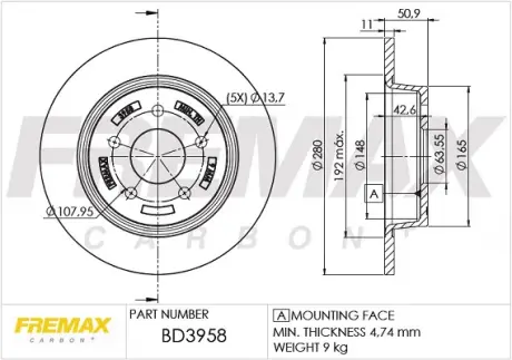 Диск тормозной задний Fremax BD-3958 FREMAX BD3958