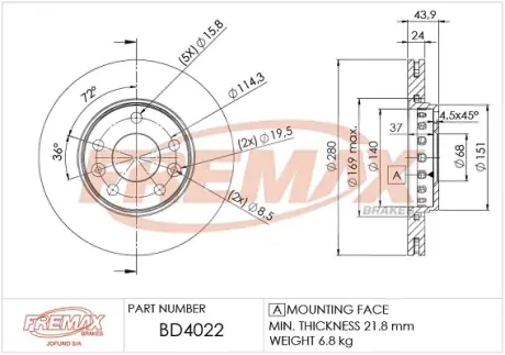 Диск тормозной передний Fremax BD-4022 FREMAX BD4022