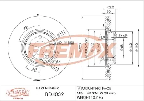 Диск тормозной передний Fremax BD-4039 FREMAX BD4039