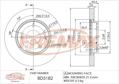 Диск тормозной передний Fremax BD-5182 FREMAX BD5182