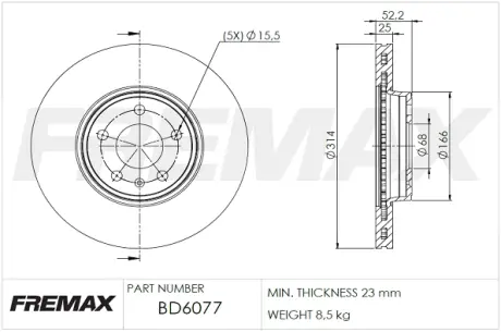 Диск тормозной передний Fremax BD-6077 FREMAX BD6077