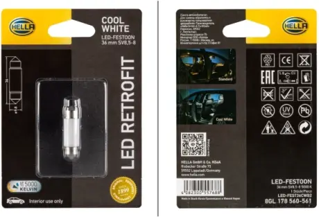 Лампа LED RETROFIT LED, 12V, SV8.5-8 1W 36MM 5000K 35л.m блістер (x1) HELLA PAGID 8GL178560561