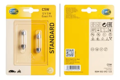 HELLA C5W 5W 12V SV8.5 Лампа розжарювання (блістер 2 шт) STANDARD HELLA PAGID 8GM002092123