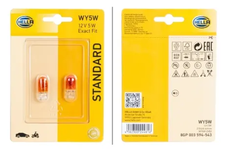 HELLA WY5W 12V 5W Лампа розжарювання вказівника повороту (жовтий) STANDARD (блістер 2 шт) HELLA PAGID 8GP003594543