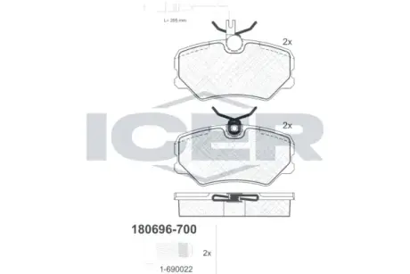 Комплект тормозных колодок, дисковый тормоз ICER 180696700