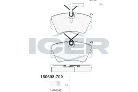Комплект тормозных колодок, дисковый тормоз ICER 180698700