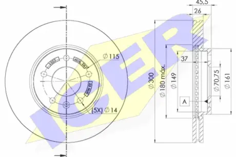Диск гальмівний (передній) Opel Astra J 09-/Zafira C 11- (300x26)(з покриттям)(вентильований) ICER 78BD15572