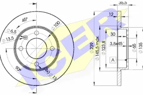 Диск гальмівний (передній) VW Caddy 82-92/Golf 74-99/Passat 73-88/Polo 95-02 (239x12)(з покр)(повний) ICER 78BD33002