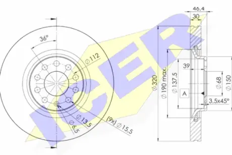 Диск гальмівний (передній) Audi A4/A6 97-09/Seat Exeo 08-13 (321x30) (з покриттям) (вент.) ICER 78BD36152