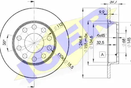 Диск гальмівний (задній) Audi A4 00-09/Seat Exeo 08- (245x10) (з покриттям) (повний) ICER 78BD36372