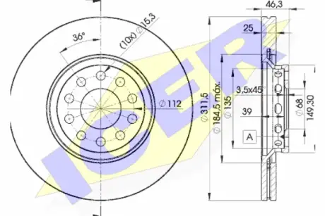Диск гальмівний (передній) Audi A4/A6/VW Passat 00-09 (312х25) (вент.) ICER 78BD40652