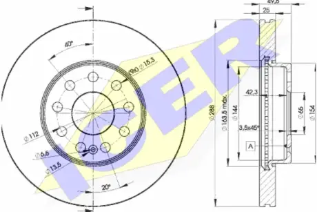 Диск гальмівний (передній) Audi A3/Skoda Octavia/VW Caddy/Golf/Touran 03- (288x25)(з покр.)(вентил.) ICER 78BD56152