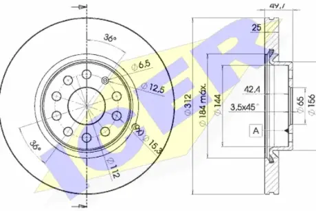 Диск гальмівний (передній) Audi A3/Skoda Octavia/SuperB/VW Passat B6/B8 03- (312x25) (з покр.)(вент.) ICER 78BD56182