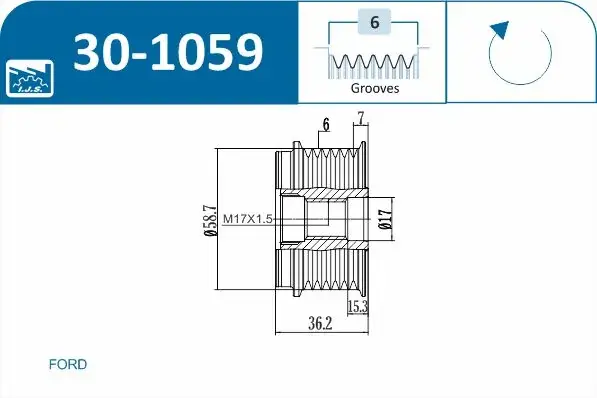 Шків генератора Ford Connect 1.8 TDCi 02-13 (6PK) IJS GROUP 301059 (фото 1)