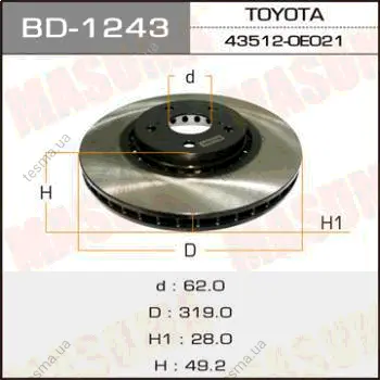 Диск тормозной front LEXUS RX330, 350/ GSU30L MASUMA BD1243 (фото 1)