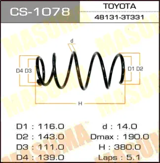 Пружина подвески front CAMRY/ ACV30, MCV30, ACV35 MASUMA CS1078