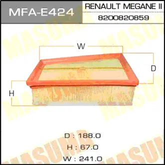 Фільтр повітряний A0459 RENAULT/ MEGANE II/ V1600 08- (MFA-E424) MASUMA MFAE424