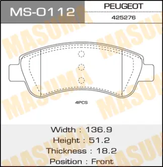 Колодки тормозные дисковые PEUGEOT/206/V1400, V1600, V2000 front MASUMA MS0112