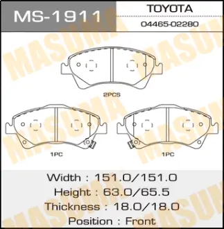 Колодки гальмівні передн Toyota Auris (06-15), Avensis (08-), Corolla (06-10) (MS-1911) MASUMA MS1911