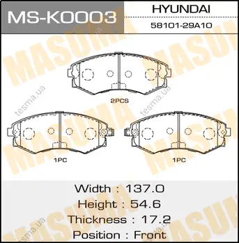 Колодки тормозные дисковые AVANTE, ELANTRA, MATRIX, SONATA front MASUMA MSK0003 (фото 1)
