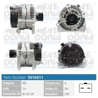 MEATDORIA AUDI Генератор A2 (8Z0) 1.4 TDI 03-05, FORD GALAXY I (WGR) 2.0 i 95-06, SKODA FABIA I (6Y2) 1.4 00-02, VW, SEAT MEAT&DORIA 5510311