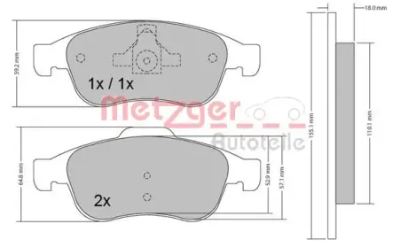 Комплект тормозных колодок, дисковый тормоз METZGER 1170265