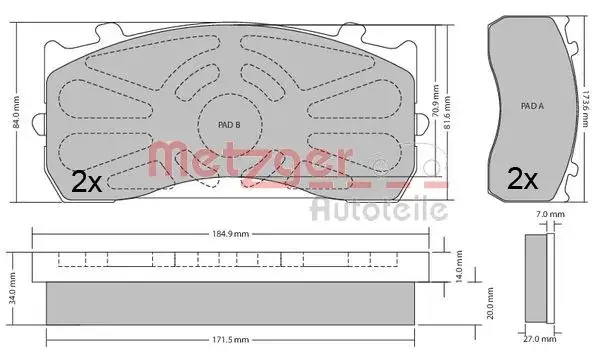 Комплект тормозных колодок, дисковый тормоз METZGER 1170525 (фото 1)