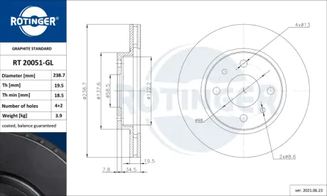Диск тормозной ROTINGER RT20051GL