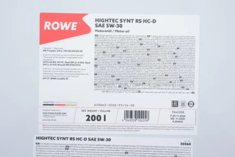 Олива 5W30 HIGHTEC SYNT RS HC-D (200L) (MB 229.5/VW 502 00/505 00/GM-LL-A-025/BMW LL-01) ROWE 20060200099