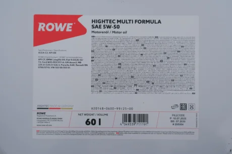 олива 5W50 HIGHTEC MULTI FORMULA (60L) (VW 502 00/505 00/505 01/MB 229.31/229.51/226.5) (ACEA C3) ROWE 20148060099