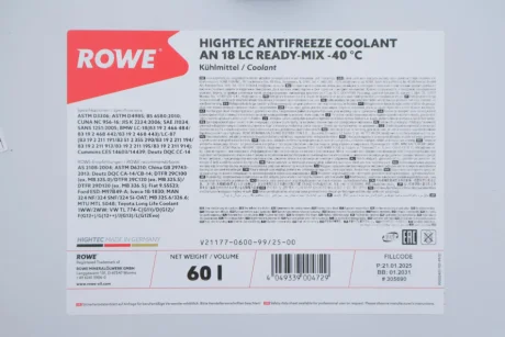 Антифриз (зелений) 60L HIGHTEC ANTIFREEZE COOLANT AN 18 LC READY-MIX (-40°C) ROWE 21177060099