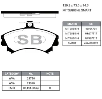 Колодки гальмівні передні Mitsubishi Carisma (-06), Colt (04-), Smart Fortwo (05-) HI-Q SANGSIN SP1859