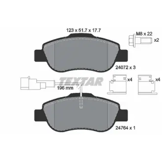 Комплект гальмівних колодок передн, ABARTH 500 / 595 / 695 FIAT 500, 500 C, GRANDE PUNTO, PANDA, PUNTO EVO FORD KA PEUGEOT BIPPER TEPEE 1.2-1.4D 09.03- TEXTAR 2407202