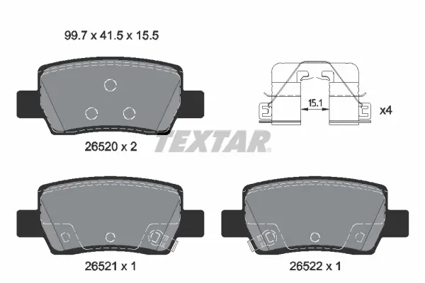 Комплект гальмівних колодок задн (з комплектуючими), HYUNDAI ELANTRA VII, KONA KIA EV3 1.0-Electric 03.20- TEXTAR 2652001 (фото 1)