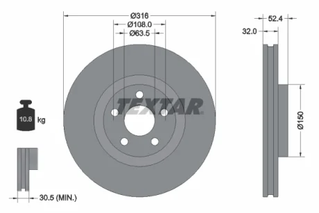 Диск гальмівний передн лів/прав FORD GALAXY III, S-MAX FORD USA EDGE 1.5-3.5 09.12- TEXTAR 92293605