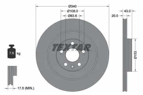 Диск гальмівний задн Лів-Прав VOLVO C40. EC40. EX40. XC40. XC90 II POLESTAR POLESTAR 2 2.0-Electric 09.14- TEXTAR 92304503