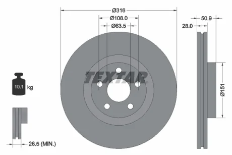Диск гальмівний передн лів/прав FORD GALAXY III, GALAXY MK III, S-MAX 1.5-2.5H 01.15-04.23 TEXTAR 92317203