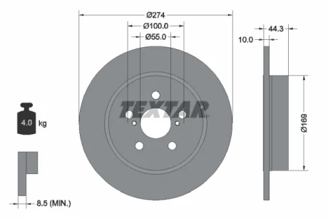 Диск гальмівний задн Лів/Прав MAZDA 2 TOYOTA YARIS 1.5/1.5H 02.20- TEXTAR 92333703