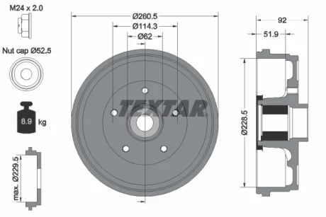 Гальмівний барабан задн DACIA DUSTER RENAULT ARKANA I, DUSTER, KAPTUR 1.0-2.0 04.10- TEXTAR 94047500