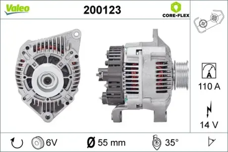 Генератор (14В, 110А, відновлений) VOLVO S40 I, V40 RENAULT ESPACE III, LAGUNA I, MEGANE I, MEGANE I CLASSIC, MEGANE I COACH, MEGANE SCÉNIC, SAFRANE II 1.8-2.2D 11.93-08.03 VALEO 200123