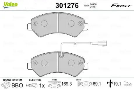 Гальмівні колодки дискові CITROEN/PEUGEOT Jumper/Boxer "2,2-3,0 "F "06>> VALEO 301276