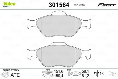 Гальмівні колодки дискові FORD/MAZDA Fiesta/Fusion/Ka/Puma/Street/121/2 "1,25-1,8 "F "95-12 VALEO 301564