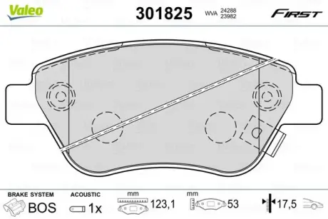 Гальмівні колодки дискові FIAT/OPEL Doblo/Adam/CorsaD "1,0-1,9 "F "06>> VALEO 301825