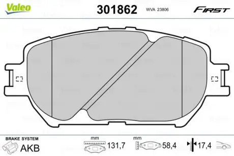 Гальмівні колодки дискові TOYOTA Camry "2,4-3,0 "F "01-06 VALEO 301862