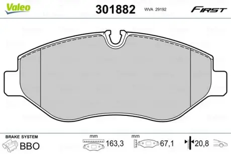 Гальмівні колодки дискові MB/VW Sprinter/Viano/Vito/Crafter "1,8-3,7 "F "03>> VALEO 301882