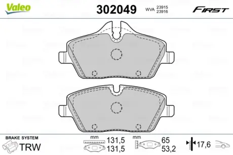Гальмівні колодки дискові BMW 1(E81,82,87,88)/2(F45)/3(E90)/Cooper/One "1,2-3,0 "F "03>> VALEO 302049