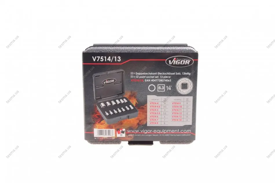 Набір головок 12-граней 1/4" 4-14 мм 13 од. (хромовані) VIGOR V7514/13 (фото 1)